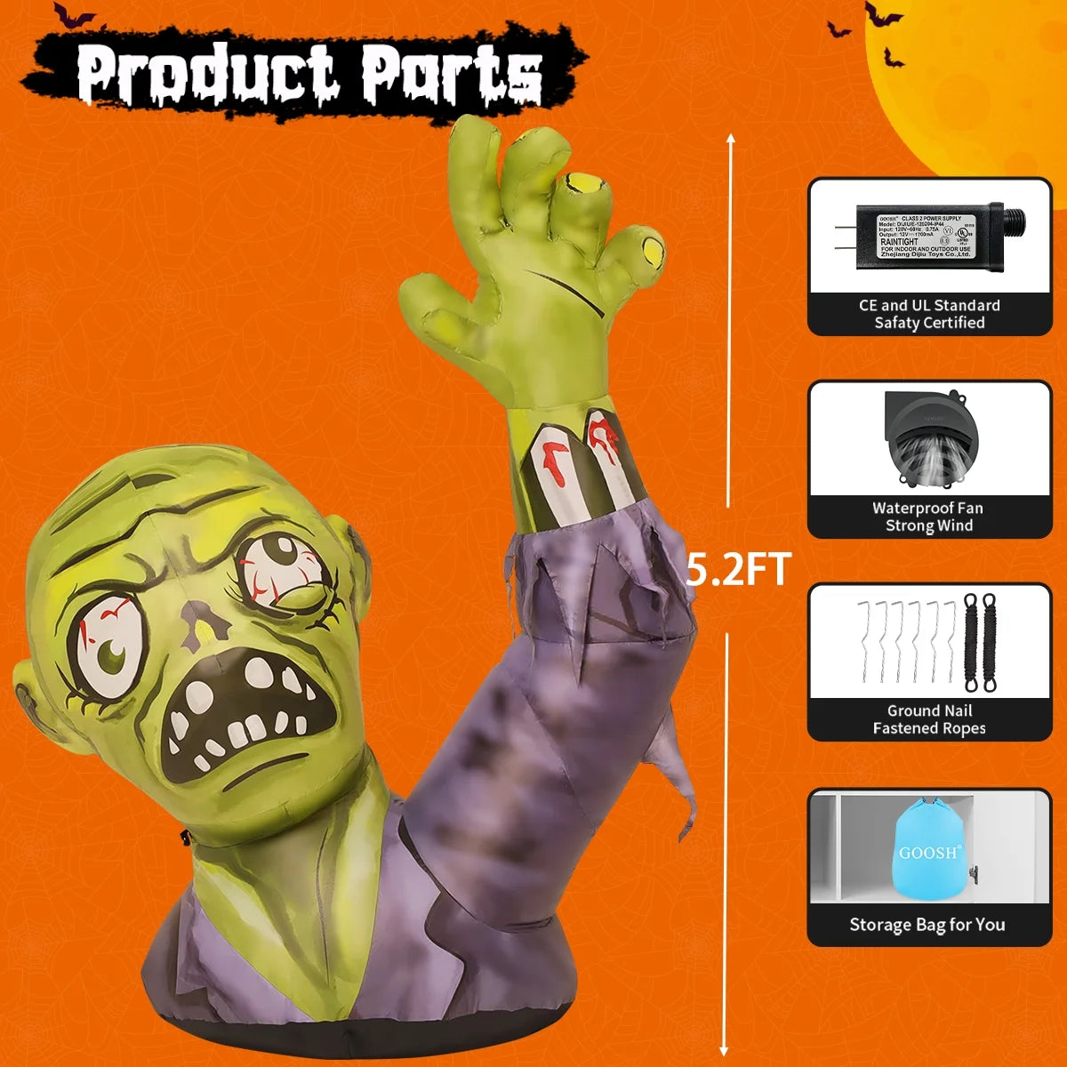 Halloween Inflatable 5.2 FT Zombie Inflatable Shaking Hands, Zombie Inflatable Halloween Decorations Scary Halloween Blow Ups with LED Lights, Halloween Inflatables Clearance for Holiday/Party