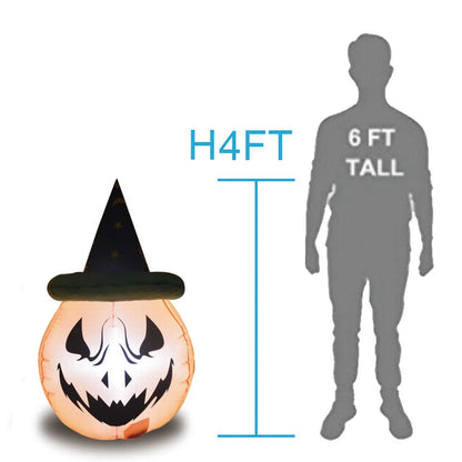 Halloween Inflatable 4 FT High Halloween Pumpkin Inflatable with Witch Hat, Inflatable Halloween Pumpkin Blow up Pumpkin Inflatable with Built-In Leds, Funny Halloween Decorations for Holiday