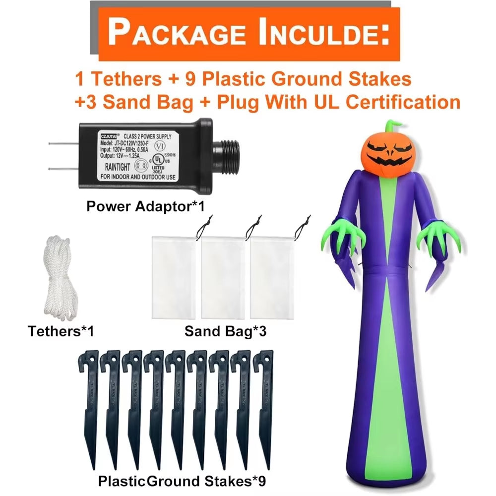 12Ft Giant Halloween Inflatables Pumpkin Halloween Decorations Inflatables with LED Light Sandbags Stakes Strings Halloween