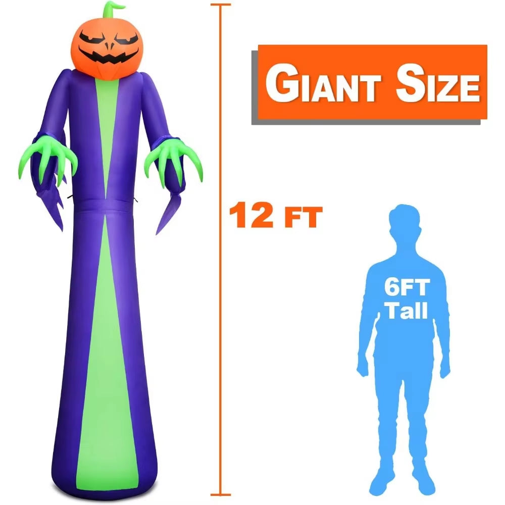 12Ft Giant Halloween Inflatables Pumpkin Halloween Decorations Inflatables with LED Light Sandbags Stakes Strings Halloween