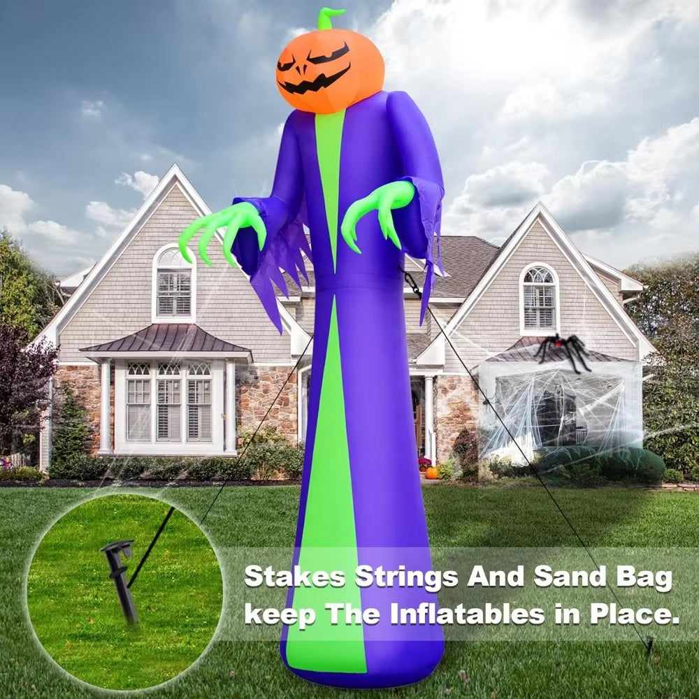 12Ft Giant Halloween Inflatables Pumpkin Halloween Decorations Inflatables with LED Light Sandbags Stakes Strings Halloween