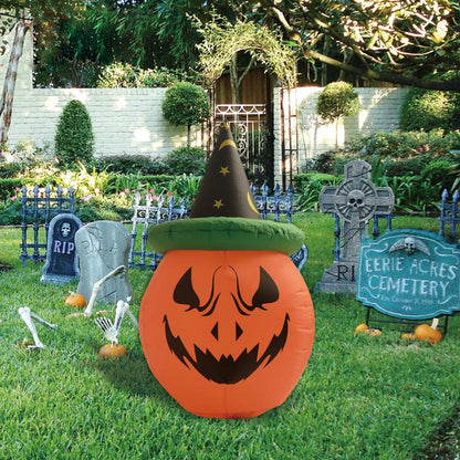 Halloween Inflatable 4 FT High Halloween Pumpkin Inflatable with Witch Hat, Inflatable Halloween Pumpkin Blow up Pumpkin Inflatable with Built-In Leds, Funny Halloween Decorations for Holiday